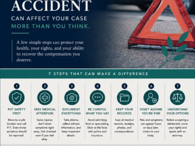 The first 10 minutes after a car accident infographic with seven steps to protect your health and legal rights