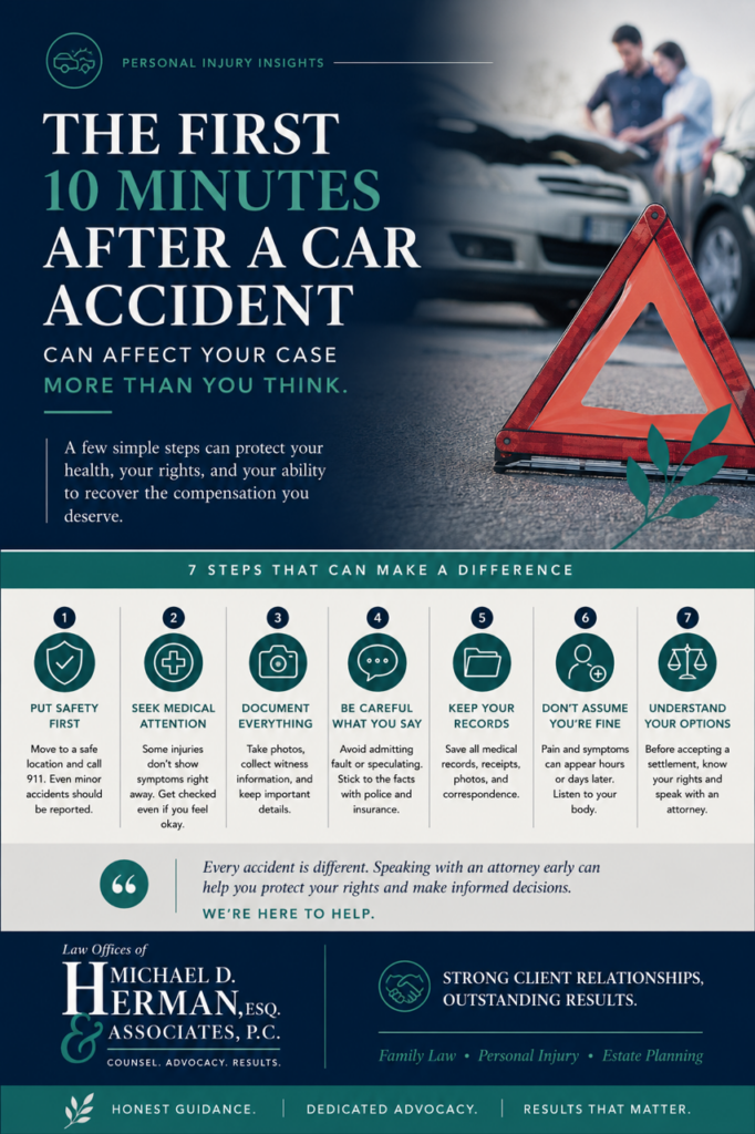 The first 10 minutes after a car accident infographic with seven steps to protect your health and legal rights