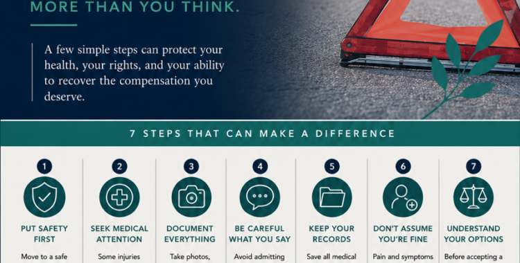 The first 10 minutes after a car accident infographic with seven steps to protect your health and legal rights